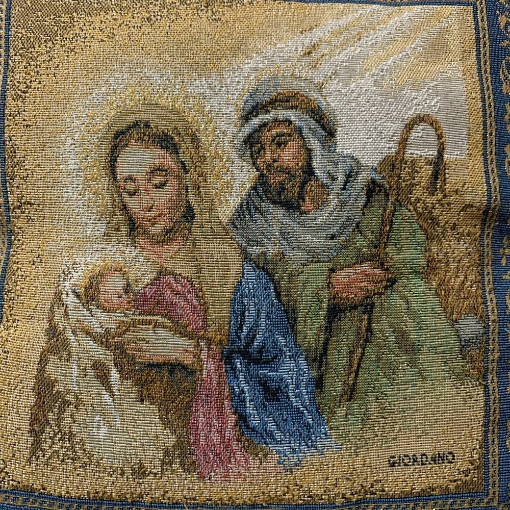Riverdale Nativity Tapestry Throw Pillow Giordano Made in USA Blue Christian Vtg